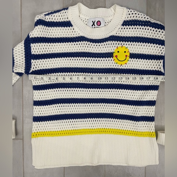 XOXO Kerri Rosenthal Smiley Face Crochet Long Sleeve Crew Sweater Blue Stripe XS - Picture 6 of 6